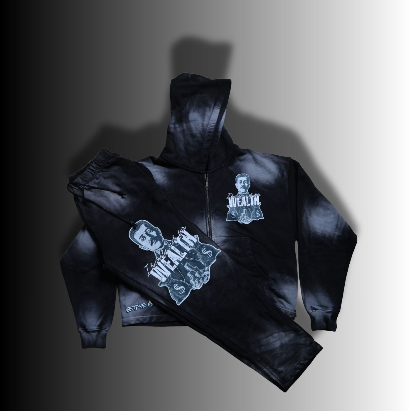 " i humbly ask for wealth” Black Ice Tie-Dye Tracksuit